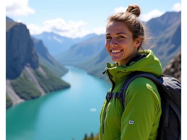 Glad kvinne vandrer på Besseggen