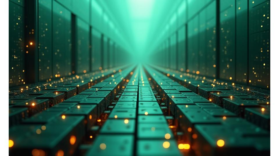 Et digitalt sikkerhetsnett over servere, med ikoner som symboliserer kryptering og brannmur, understreker robust datasikkerhet.